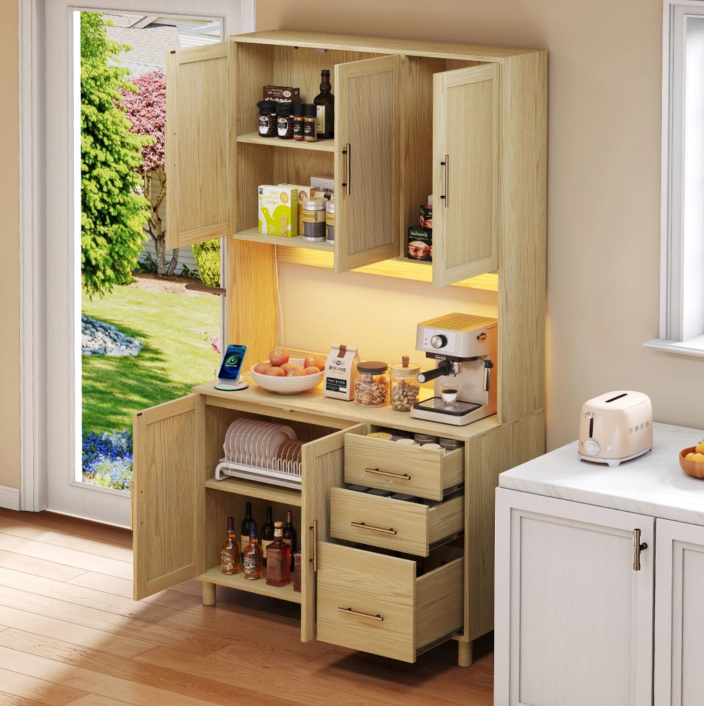 Credenza da cucina 183 cm con LED RGB, 2 prese e porta USB, ripiani regolabili e 3 cassetti