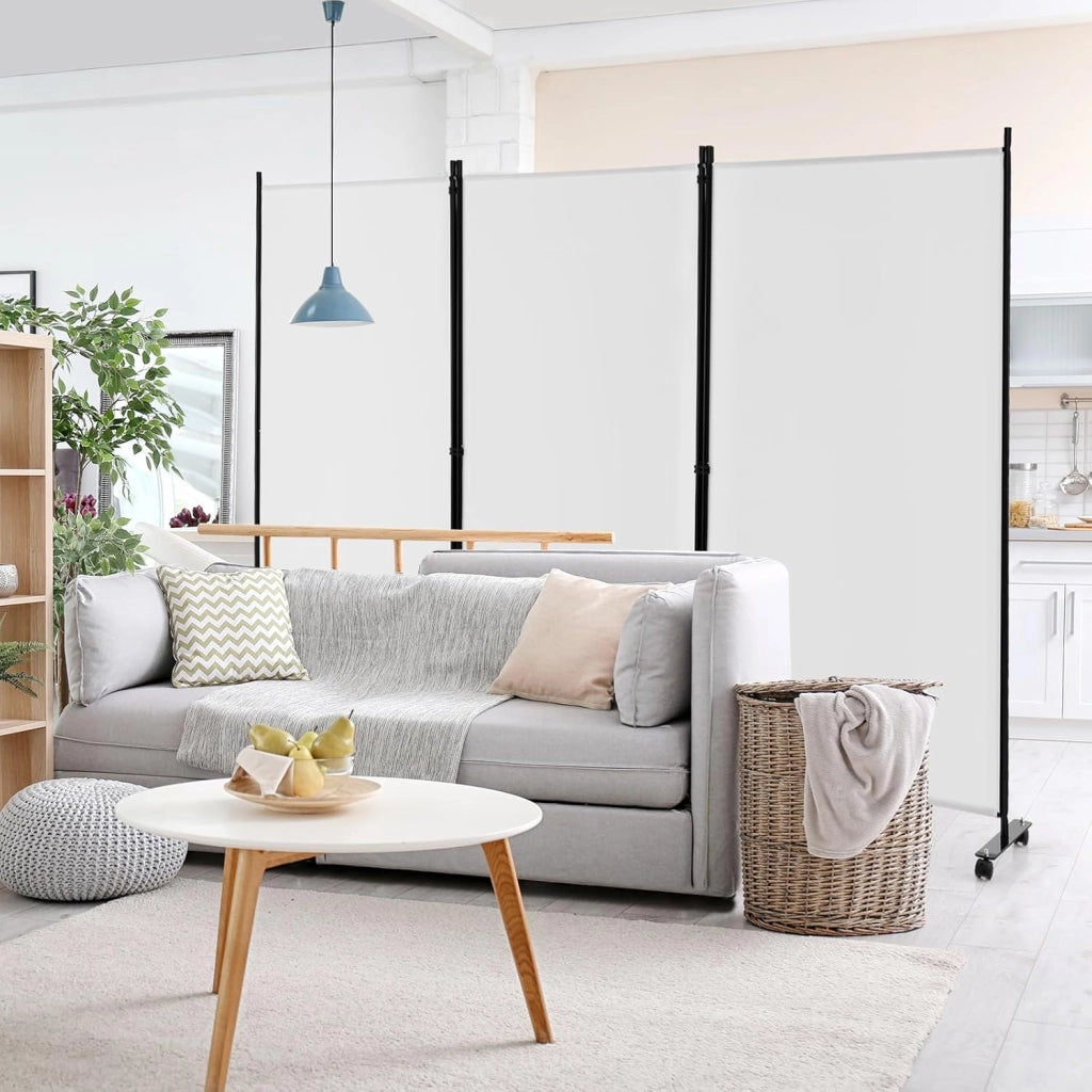 Divisorio Paravento con Ruote 3 pezzi, Divisorio da Parete in Ferro, Protezione Privata per Camera da Letto, Ufficio, 260 x 180 cm, 5 Colori (Bianco)