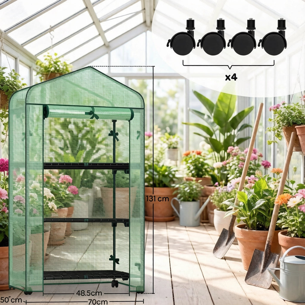 Serra a tunnel con ruote e 3 ripiani in rete, porta a zip arrotolabile, PE rinforzato verde 70 × 50 × 130 cm