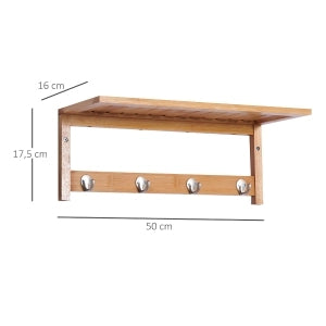 APPENDIABITI DA PARETE CON RIPIANO E 4 GANCI 50 x 16 x 17,5 cm Bamboo Naturale