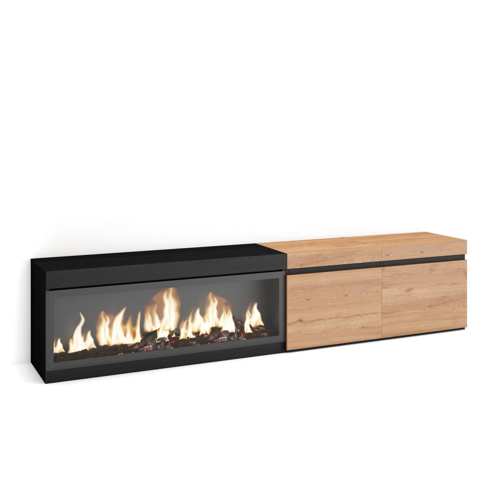 Mobile TV Soggiorno, 208x35x45cm, Per TV fino a 80", Camino elettrico XXL, colore Rovere e nero RF3264