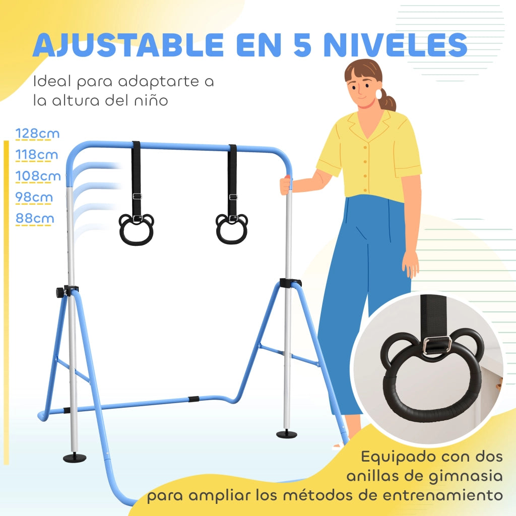 Sbarra per ginnastica bambini regolabile ¨C zephmum ¨C 5 livelli, anelli, blu, plegabile