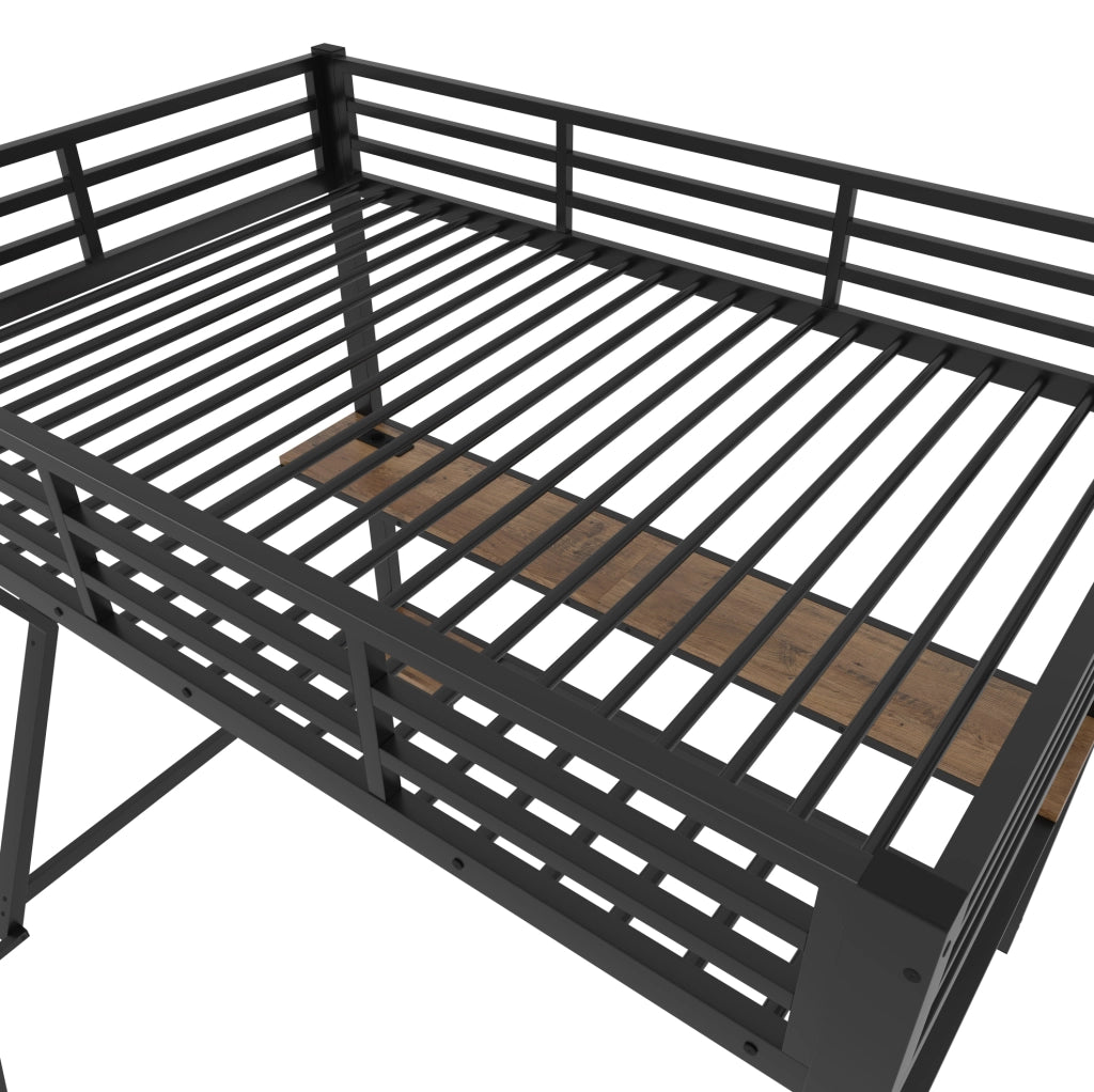 Letto a soppalco ULEVR 90x200 cm con luce LED, scrivania, prese USB e struttura nera