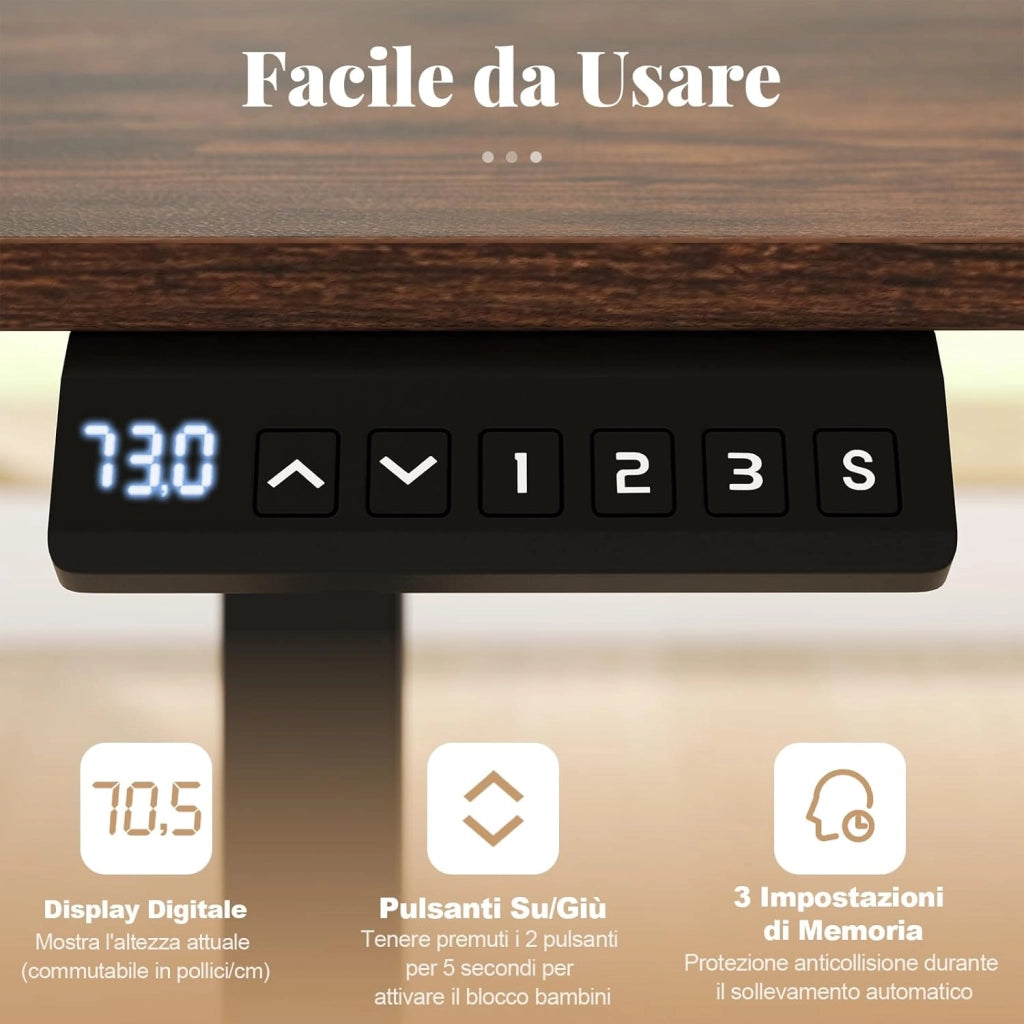 Scrivania Elettrica Ergonomica 120 x 60 cm, 3 Memorie di Altezza, Protezione Anti-Collisione e Gancio per Cuffie, Scrivania Regolabile in Altezza per Ufficio e Casa (Marrone)