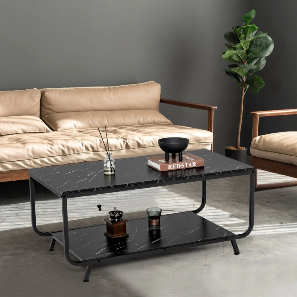 Tavolino da caff¨¨ in finto marmo, Tavolino moderno adatto a ufficio salotto e balcone 105x55x46,5cm Nero-Tavolini da salotto