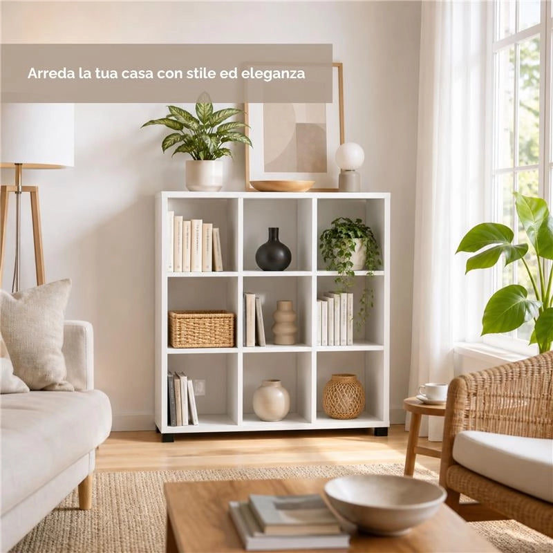 LIBRERIA CUBICA IN LEGNO BIANCO MODERNA CON 9 RIPIANI DIMENSIONI  90X24X99 CM