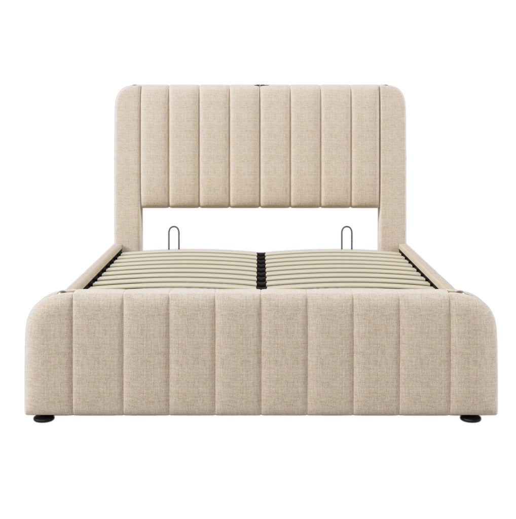 Letto imbottito 140x200 cm con contenitore e USB Type C in lino beige