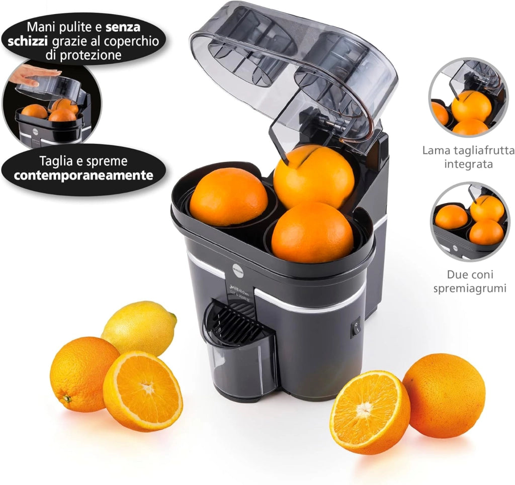 scorri sopra l'immagine per ingrandirla        video macom 853a spremiagrumi elettrico che permette di preparare spremute in pochi secondi. dotato di sistema taglia e spremi, 90 w, 46 decibel, plastica, nero/argento