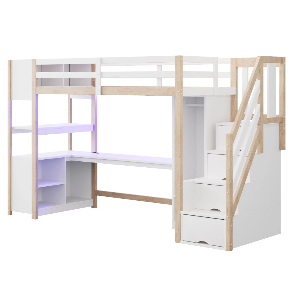 OKWISH Letto a soppalco 90×200 cm, Letto Singolo con Armadio, Scrivania Grande, Presa, LED Regolabile e Scala con 4 Vani, senza Materasso