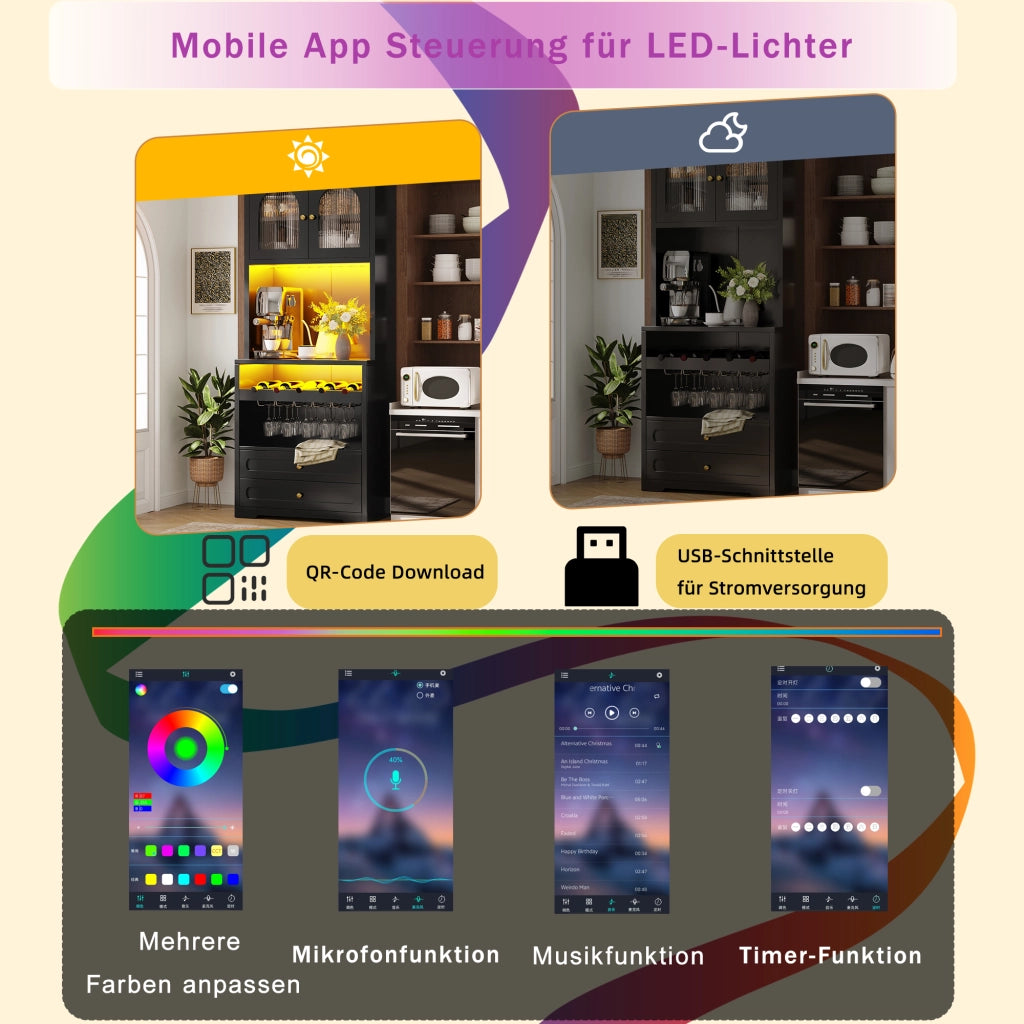 Credenza alta con ante in vetro curve LED con app e musica, ripiani regolabili, portabottiglie, nero 70 × 40 × 180 cm