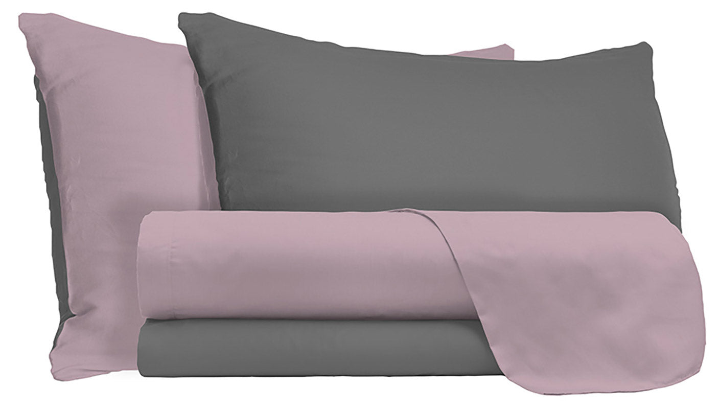 Set Lenzuola Singolo Sopra Sotto e Federe Doubleface Rosa Antico/Fumo