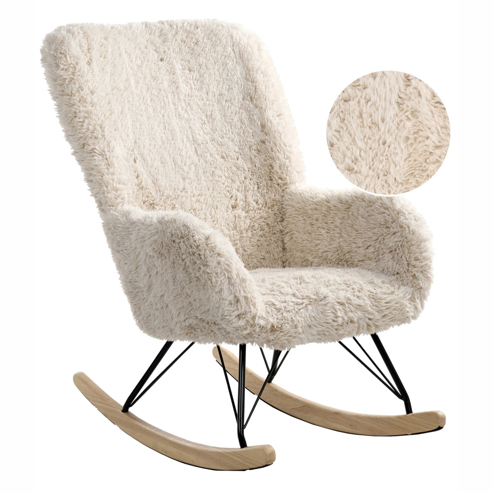 Sedia a dondolo moderna Rivestimento in tessuto ecopelliccia Dondoli in legno Camera dei bambini Soggiorno beige chiaro