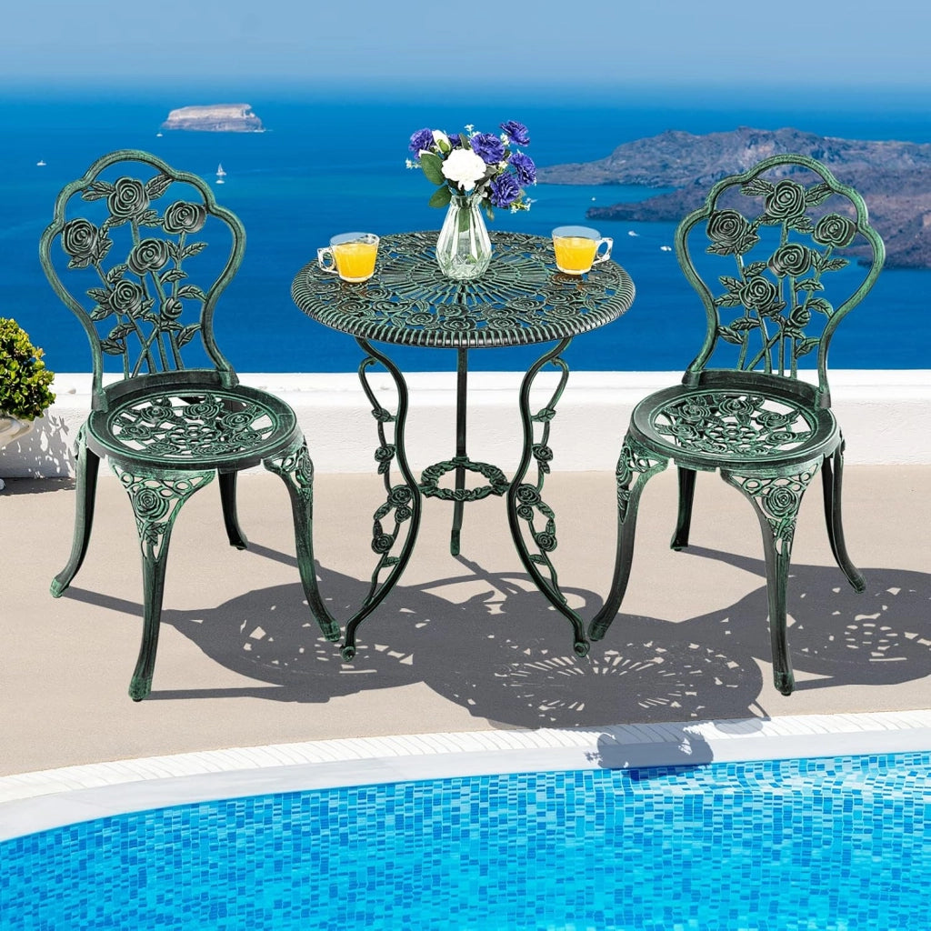 Set di 3 Mobili da Giardino, Tavolo da Giardino con 2 Sedie, Set da Bistrò in Alluminio Resistente alle Intemperie, con Motivo a Rose, per Balcone, Cortile, Terrazza, Verde Bronzo