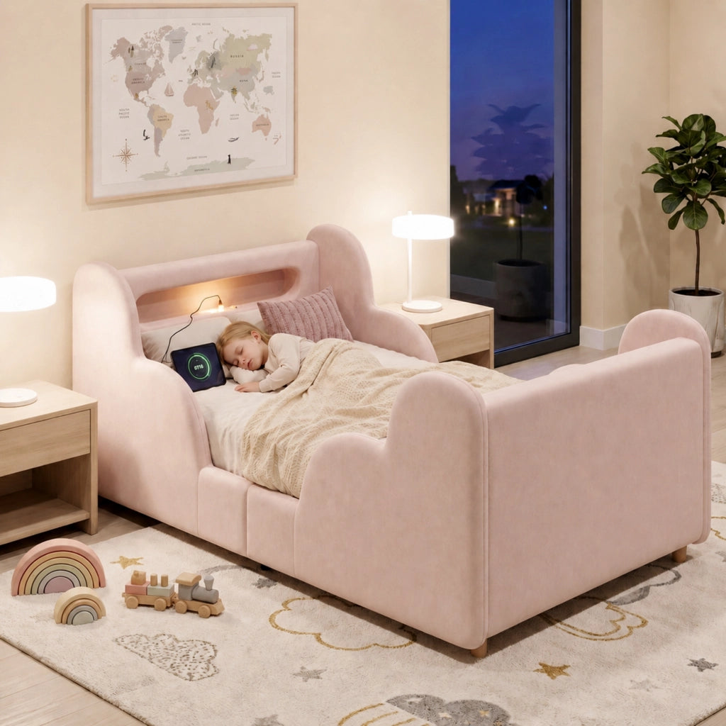 Letto singolo per bambini 90x200 cm in velluto rosa con luce notturna e USB