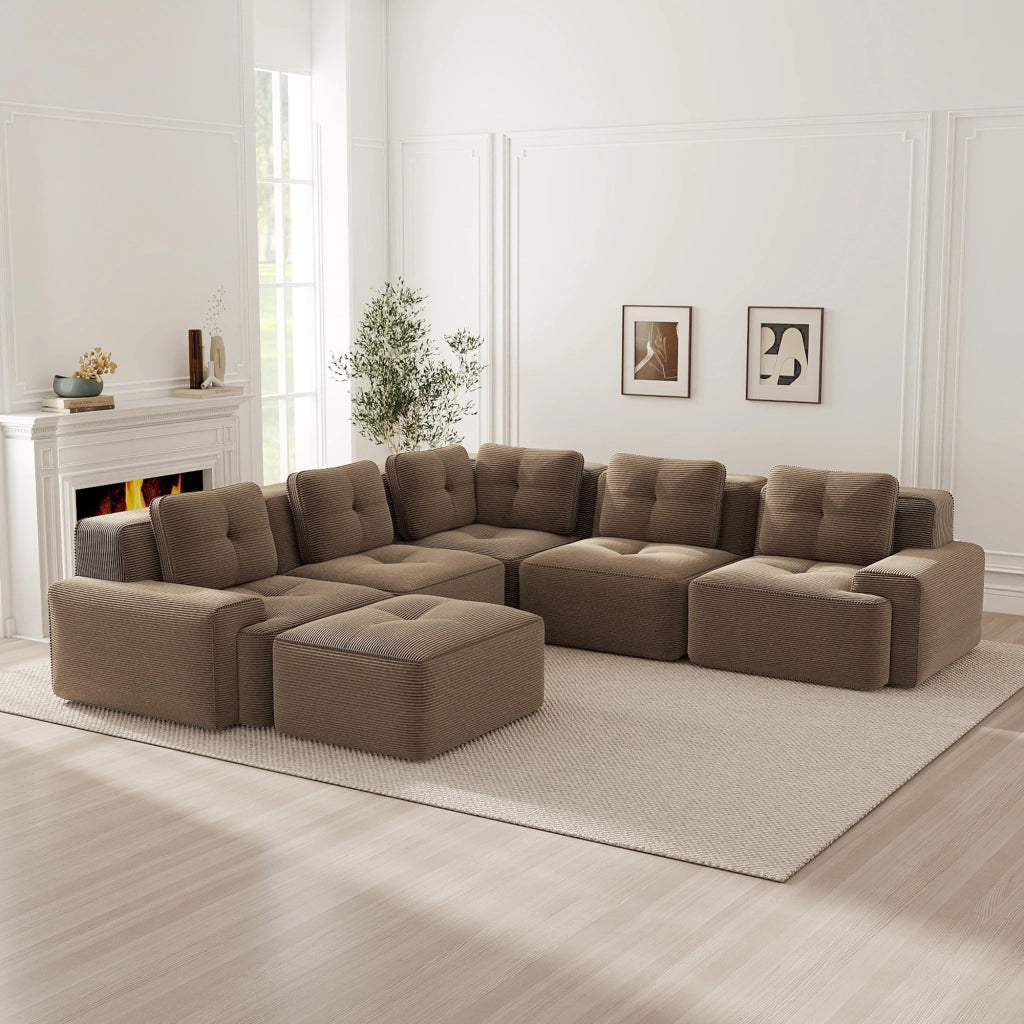 Divano angolare modulare senza struttura con seduta profonda e tessuto in velluto a coste marrone 295 × 295 × 69 cm