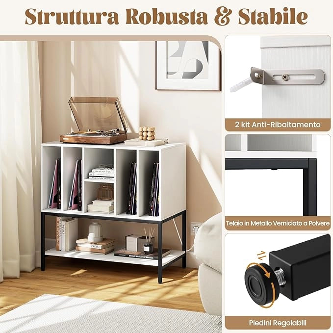Supporto per Giradischi con Stazione di Ricarica, Credenza per Giradischi con Spazio per Album, Tavolino Porta-Vinili con Scaffali per CD per Soggiorno e Sala Musica (Bianco)