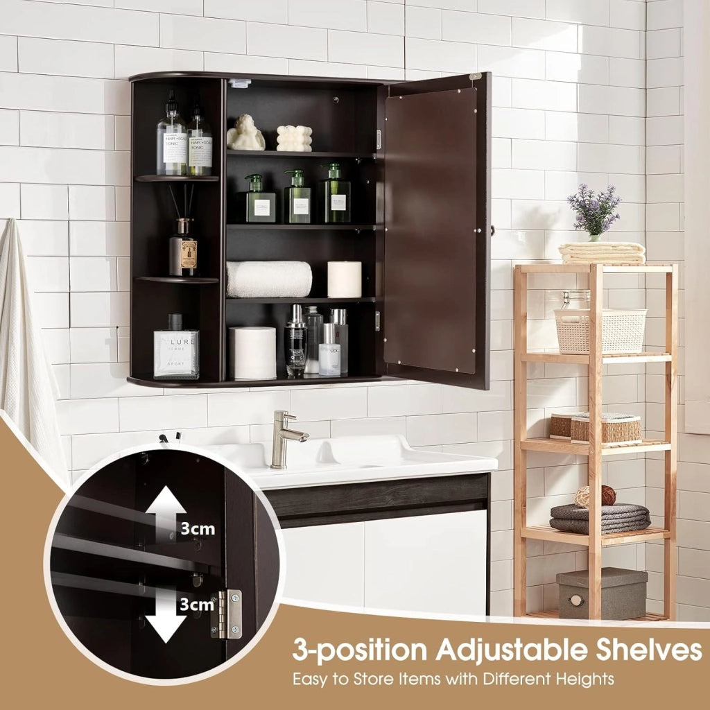 Armadietto Bagno a Parete, Mobiletto Pensile con Ante di Specchio, 6 Scomparti Laterali e 4 Ripiani di Stoccaggio, 3 Colori Disponibili, 65x17x64cm (Marrone)