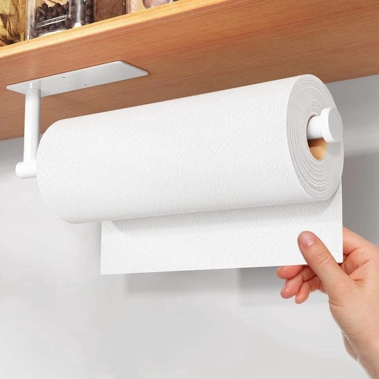 Houder per rol per cucina, adesiva o perforabile, bianco, contenitore per asciugamani in carta per fissaggio alla parete per la cucina, dispenser per roli di cucina in acciaio inossidabile SUS304 sotto il mobile