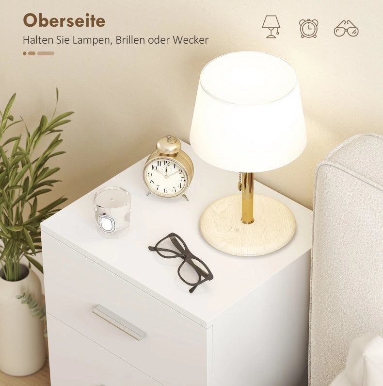 Comodino bianco in MDF con 3 cassetti e maniglie argento