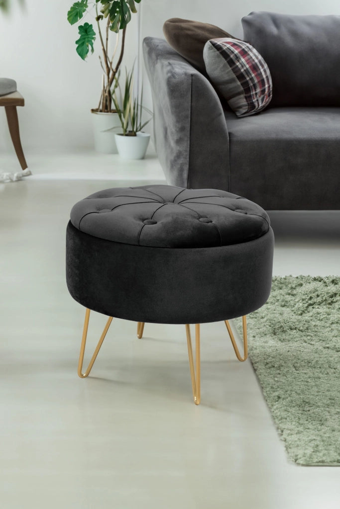 Pouf a scomparto rotonda in velluto trapuntato AKORD CARO colore Nero