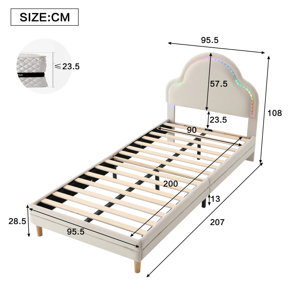 Letto Singolo per Bambini con LED Regolabile e Testiera a Nuvola; 90×200 cm; Senza Materasso; Beige