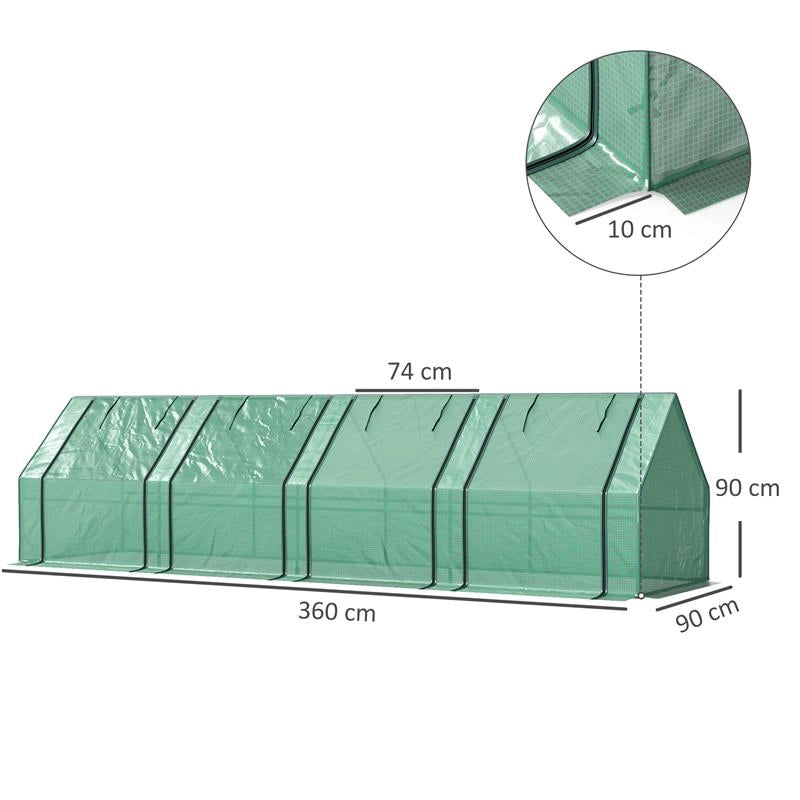 MINI SERRA DA GIARDINO A 4 PORTE ARROTOLABILI CON COPERTURA ALLUNGATA, IN ACCIAIO E PE, 360X90X90 CM, VERDE