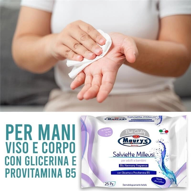 MAURY'S SALVIETTE DETERGENTI UMIDIFICATE MILLEUSI BLU HARMONY 25 PZ PER ADULTI E BAMBINI