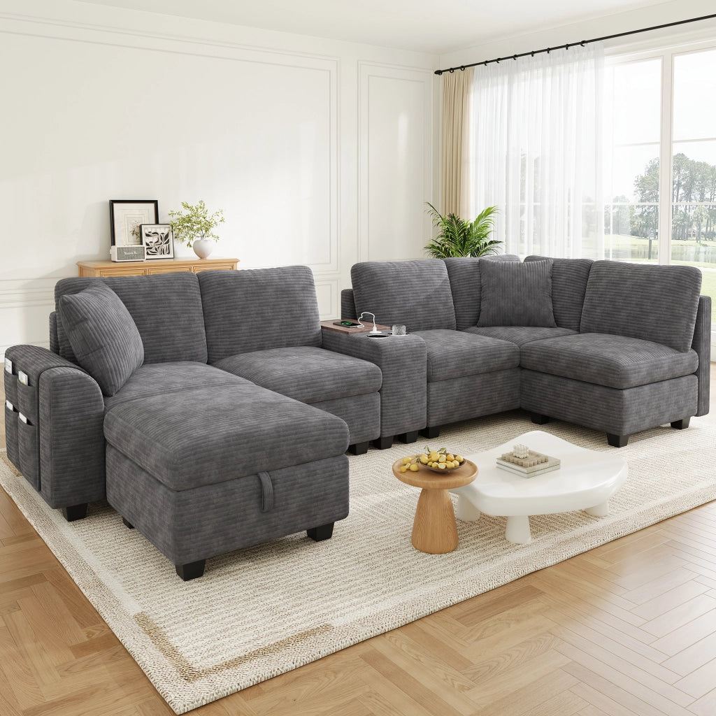 Divano angolare modulare 6 posti - con contenitore e consolle mobile - in corduroy grigio
