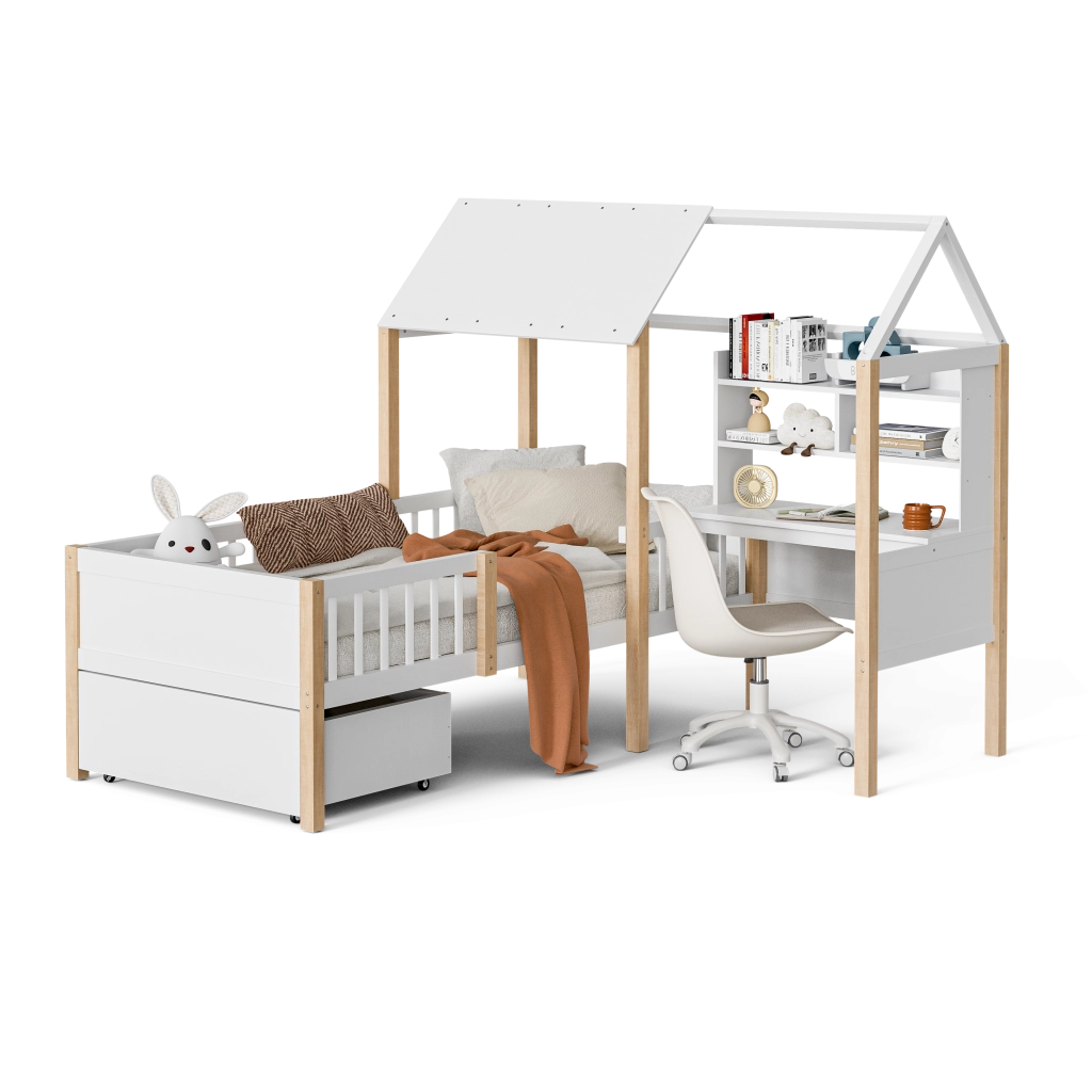 Letto per bambini 90 × 200 cm con scrivania, libreria, cassetti su ruote, sponda di sicurezza, senza materasso