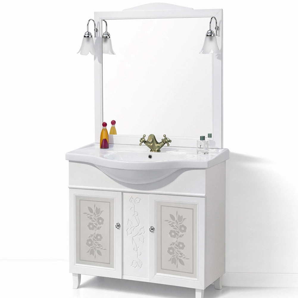 Mobile Da Bagno Bianco Completo Modello Giada Ante Vetro 105cm Legno con Specchio