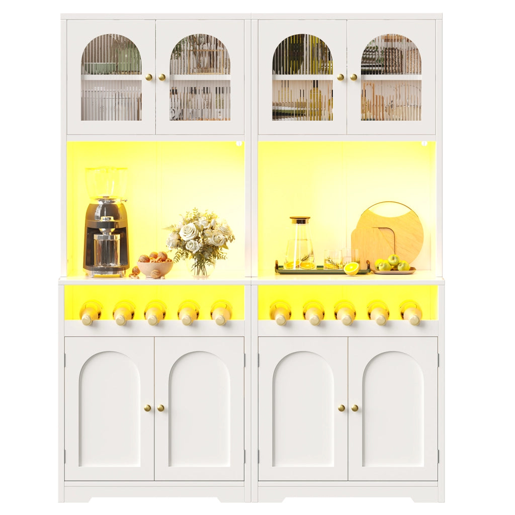 Credenza alta set da 2 con ante in vetro; portabottiglie; ripiani regolabili e LED app per cucina; bianca