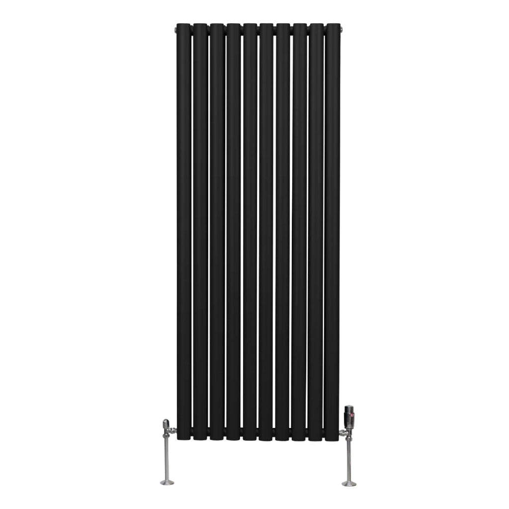 Radiatore a colonna ovale e valvole cromate TRV Designer nero 1600mm x 600mm