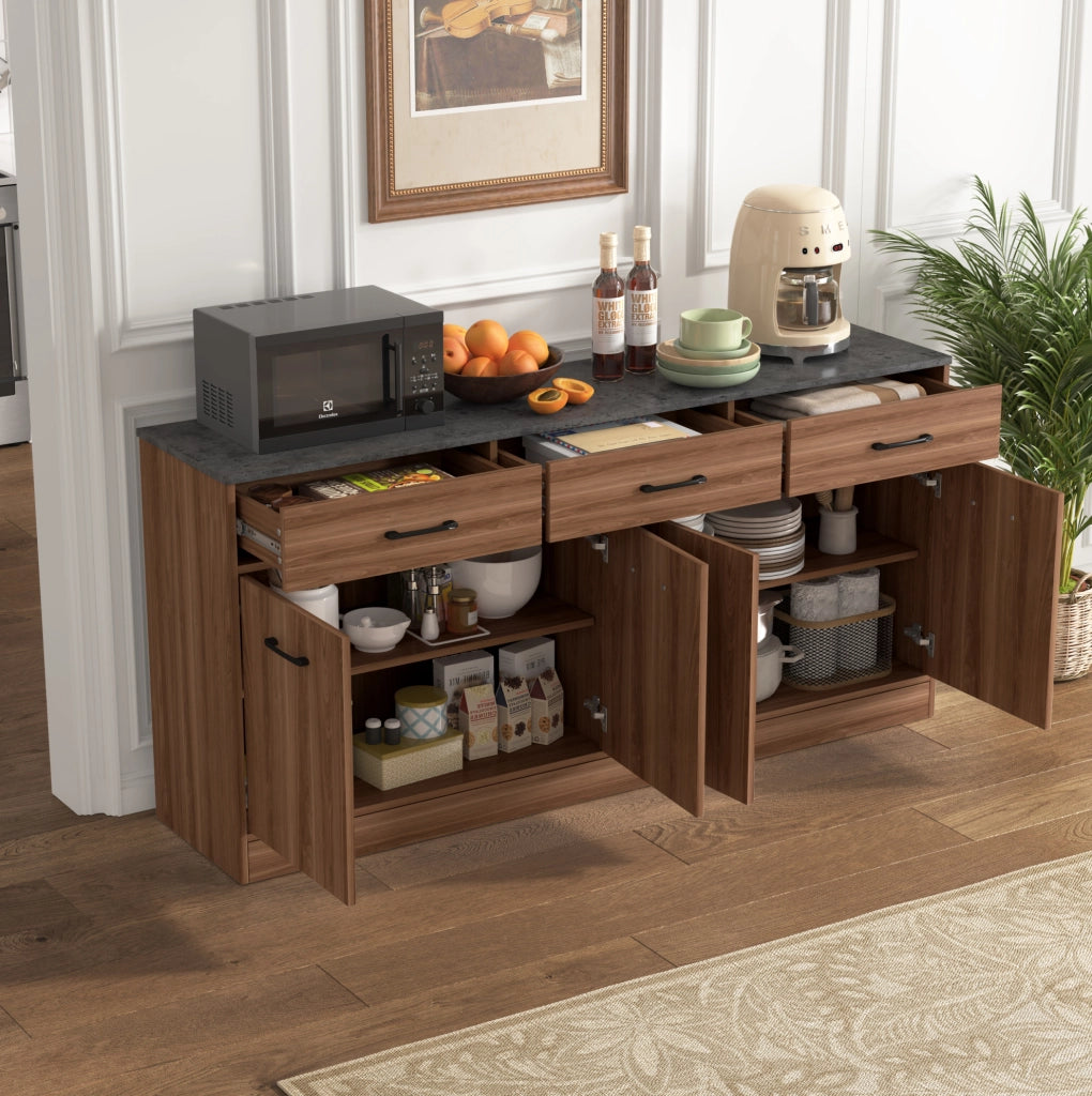 Credenza da cucina con 3 cassetti e ripiani regolabili; MDF colore noce
