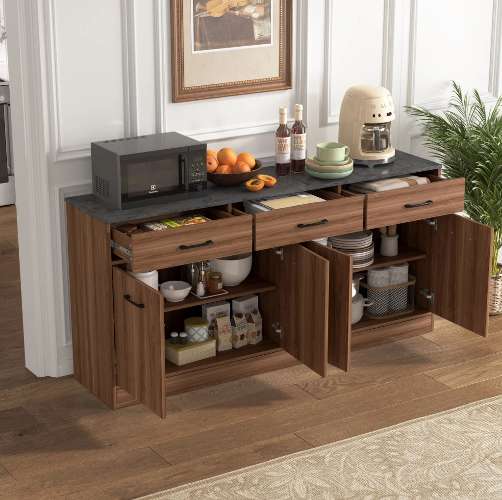Credenza da cucina con 3 cassetti e ripiani regolabili; MDF colore noce