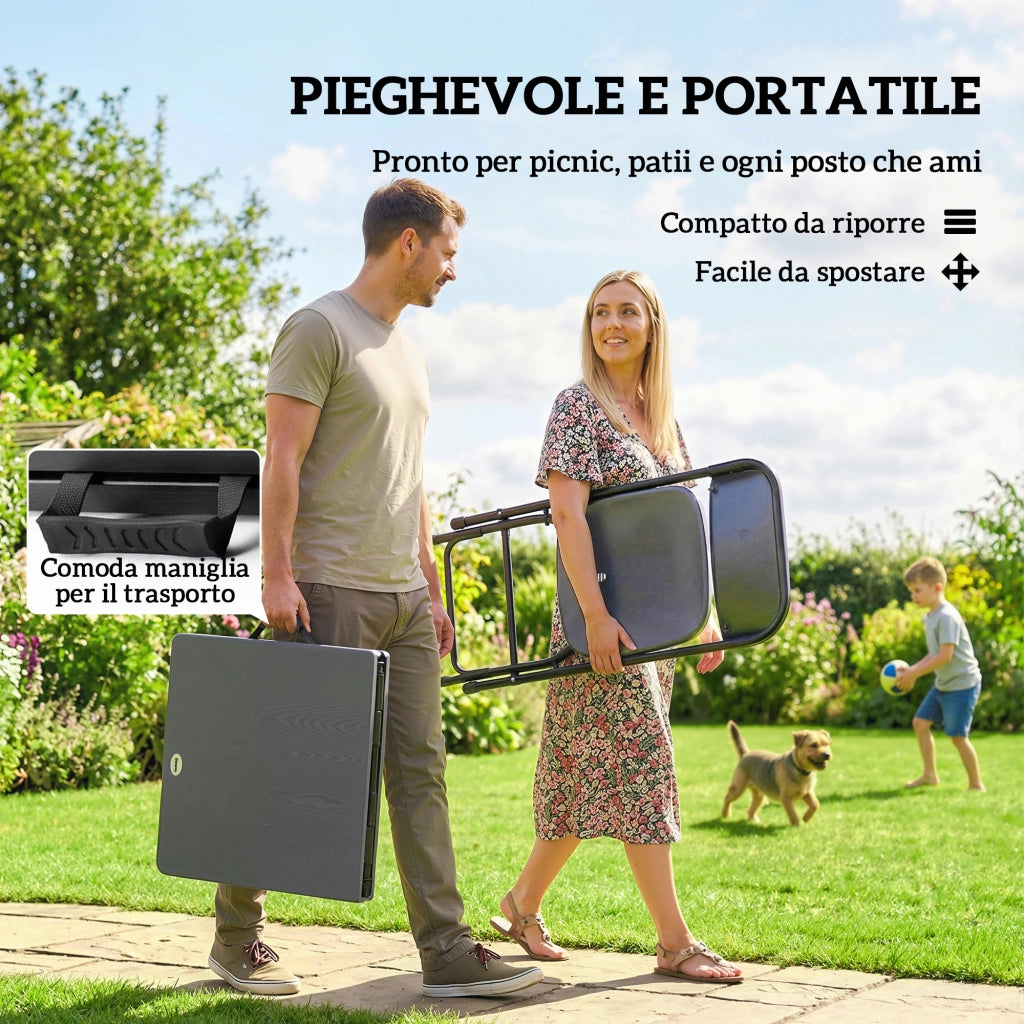 Set Tavolo Regolabile 118x60x74 cm e 4 Sedie da Giardino Pieghevoli in HDPE Effetto Legno Grigio Scuro