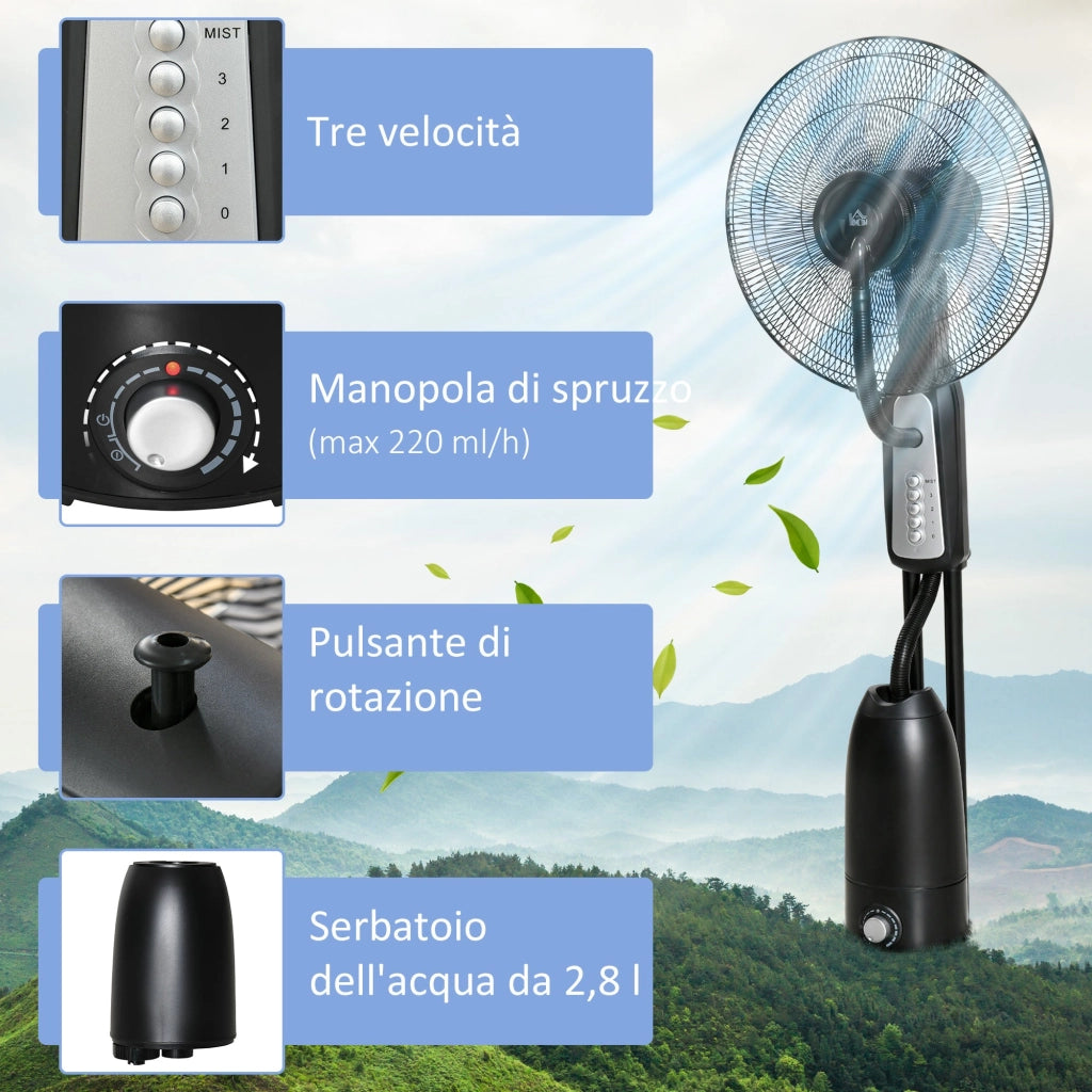 Ventilatore Nebulizzatore 90W a 4 Ruote con Serbatoio 2.8L e 4 Velocità 44,5x38,5x120 cm in Metallo PE e ABS Nero