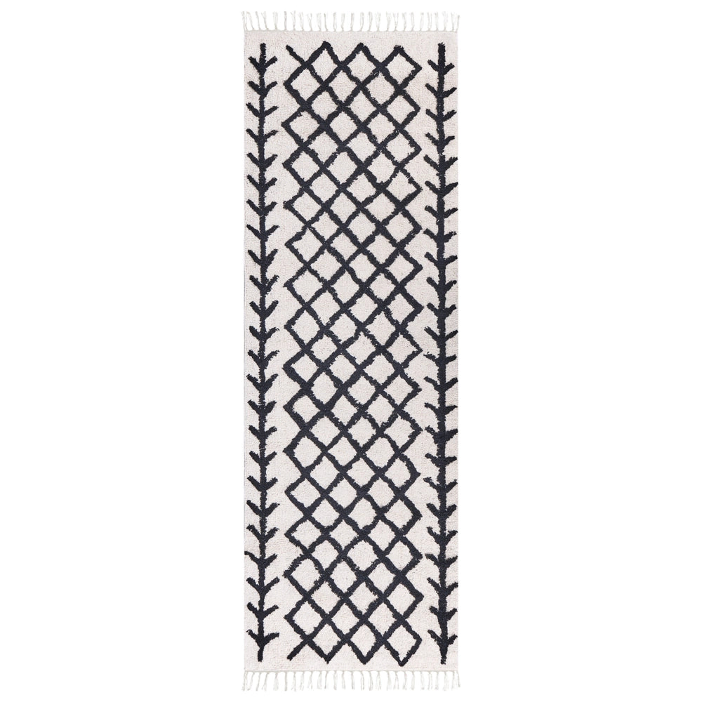 Tappeto in cotone beige e nero con motivo geometrico e nappe 80 x 230 cm camera da letto soggiorno