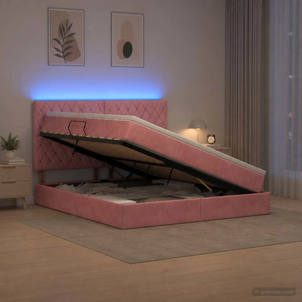 Letto con contenitore LED e materasso Rosa 140 x 200 cm Velluto 3460079
