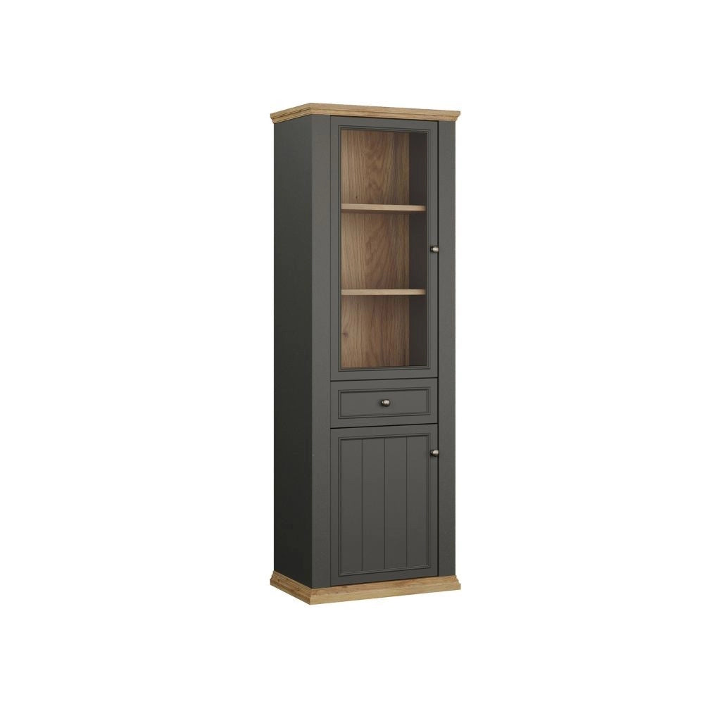 Vetrina Essenza 1 Anta Vetro e 1 Anta con Cassetto grigio scuro e Rovere 202 cm – Stile Classico