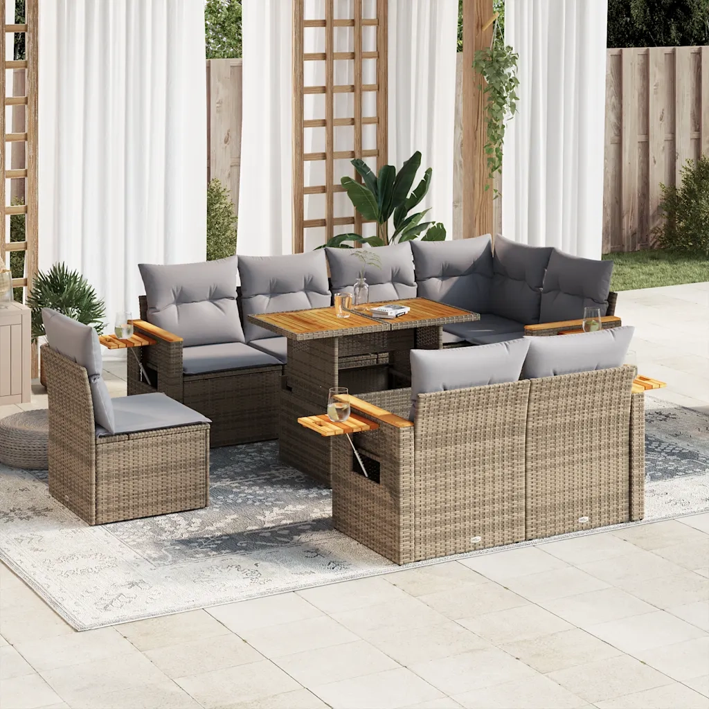 Set Divano da Giardino 9 pz con Cuscini Beige Polyrattan Acacia 3327615