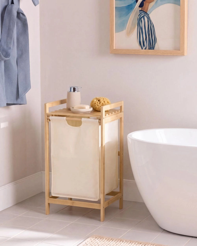Set di 3 cesti per la biancheria con tasche laterali in tessuto beige marrone chiaro con tasche laterali aggiuntive in tessuto