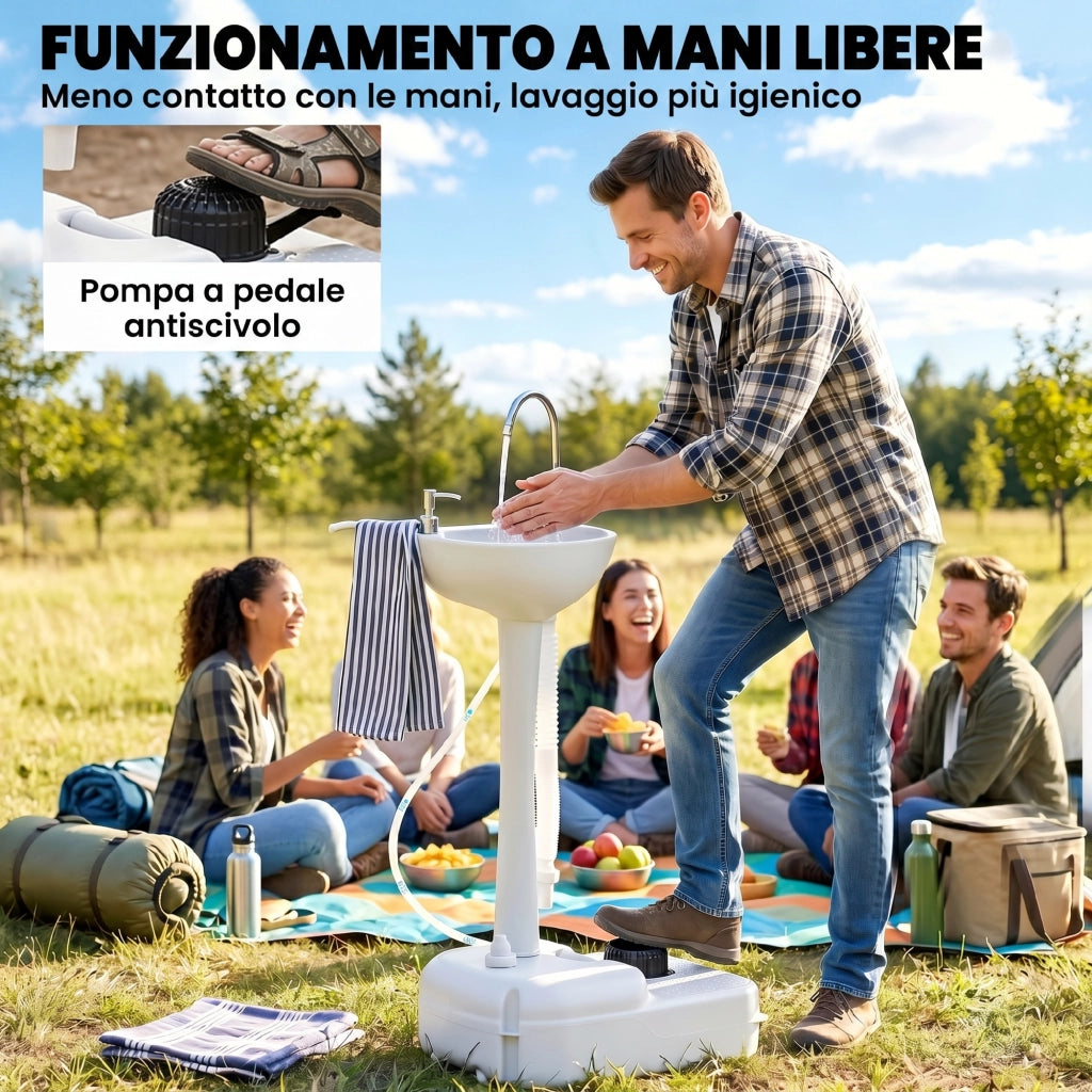 Lavabo Portatile da Campeggio con 2 Ruote. Serbatoio Acqua 17L e Serbatoio Sapone 2.5L. 51x33.5x103cm
