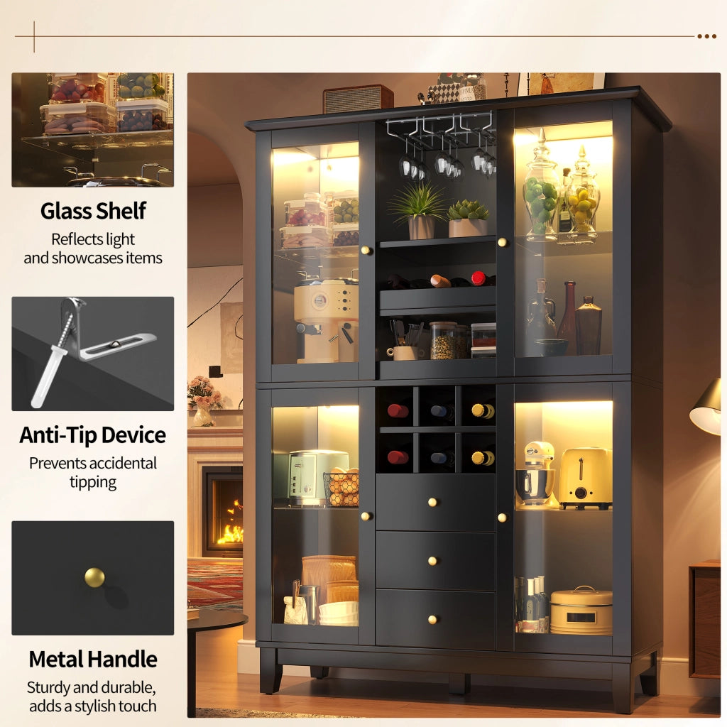 Mobile bar con LED RGB da app 3 cassetti ripiani regolabili portabicchieri portabottiglie MDF nero 120 × 40 × 180,5 cm