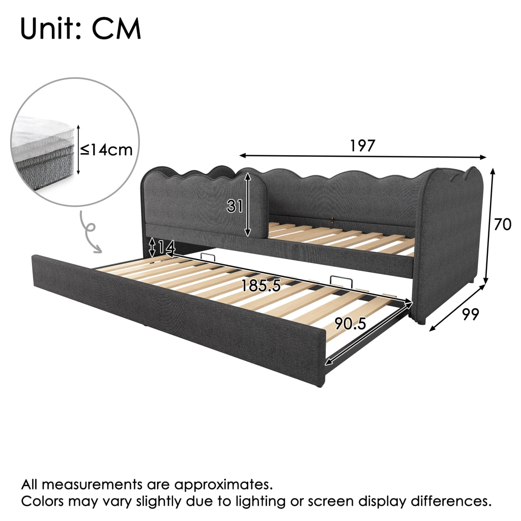 Letto daybed con letto estraibile 90x190 cm, letto per bambini in lino grigio con rete a doghe, senza materasso