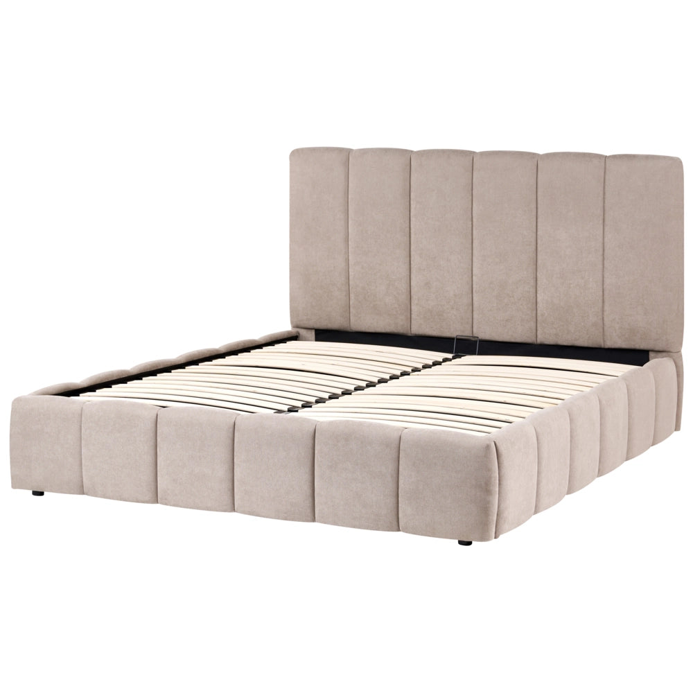 Letto matrimoniale contenitore con trapuntatura verticale in tessuto tortora 160x200 cm struttura sollevabile e testiera alta