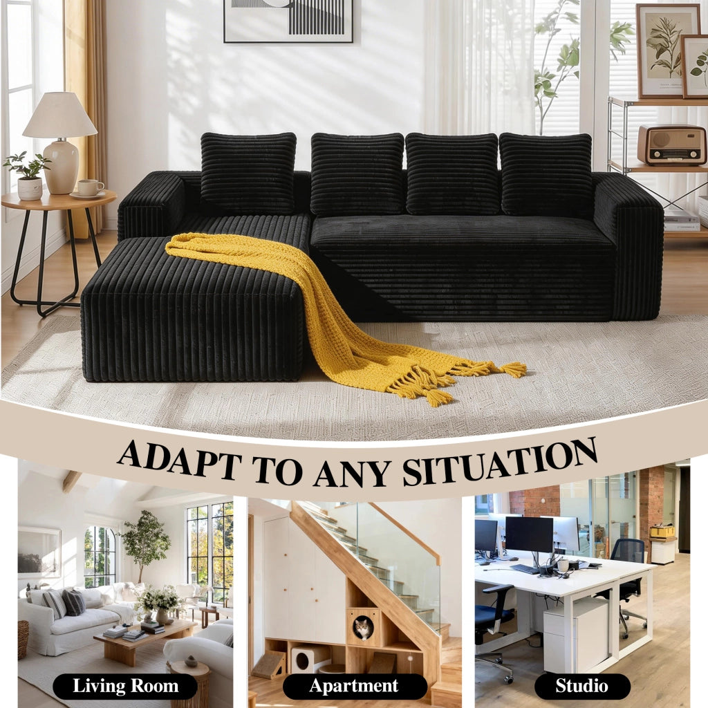 Divano angolare modulare reversibile con chaise e seduta profonda in velluto a coste nero 261 × 168 × 58 cm