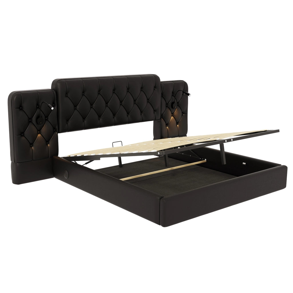 Letto matrimoniale 160x200 cm in PU nero con testiera allungata, luci da lettura, porte USB e contenitore