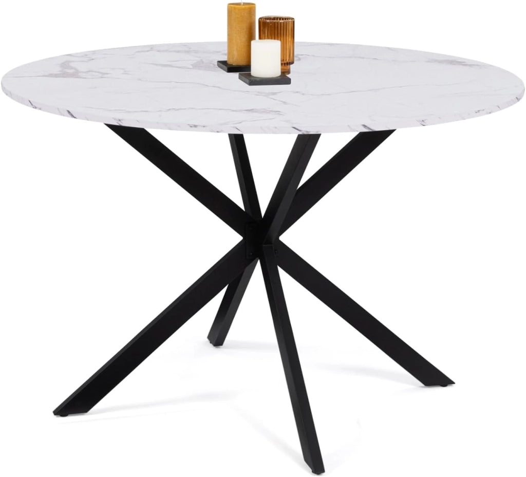Tavolo da pranzo rotondo per 4-6 persone ALASKA con effetto marmo bianco e gamba a ragno in metallo 110 cm