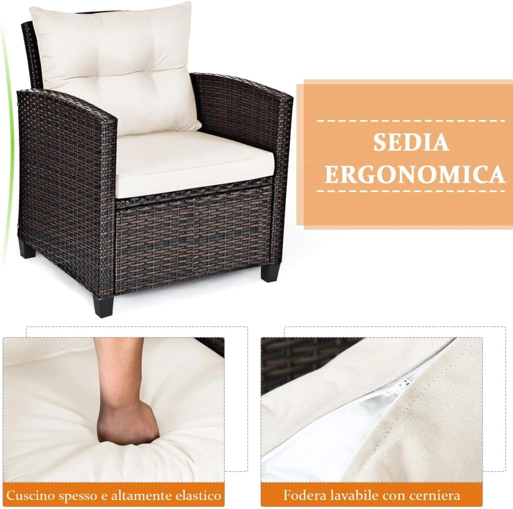 Set di 3 Pezzi di Mobili da Giardino, 1 Tavolo con Piano in Vetro Temprato e 2 Poltrone da Salotto, 4 Cuscini Rimovibili, per Giardino Piscina e Prato (Bianco)