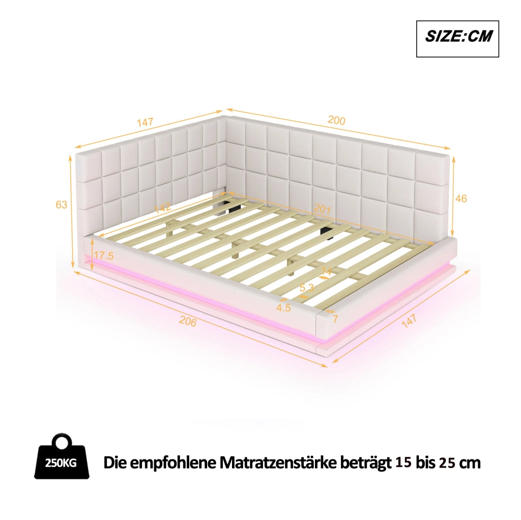 Divano letto 140x200 cm con LED multicolore; USB e rete a doghe in lino beige